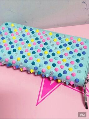 🌈Christian Louboutin Rare Pastel Panettone Wallet with Pink, Yellow & Teal Studs
